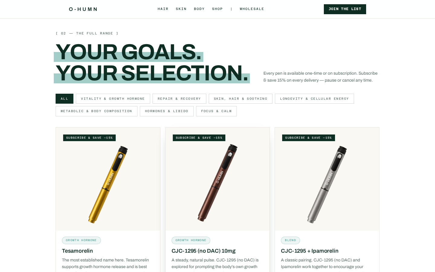 O-HUMN shop page with filterable product categories and subscribe and save pricing.