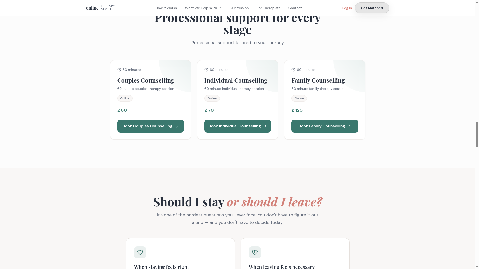 Services and booking surface on the Online Therapy Group platform.