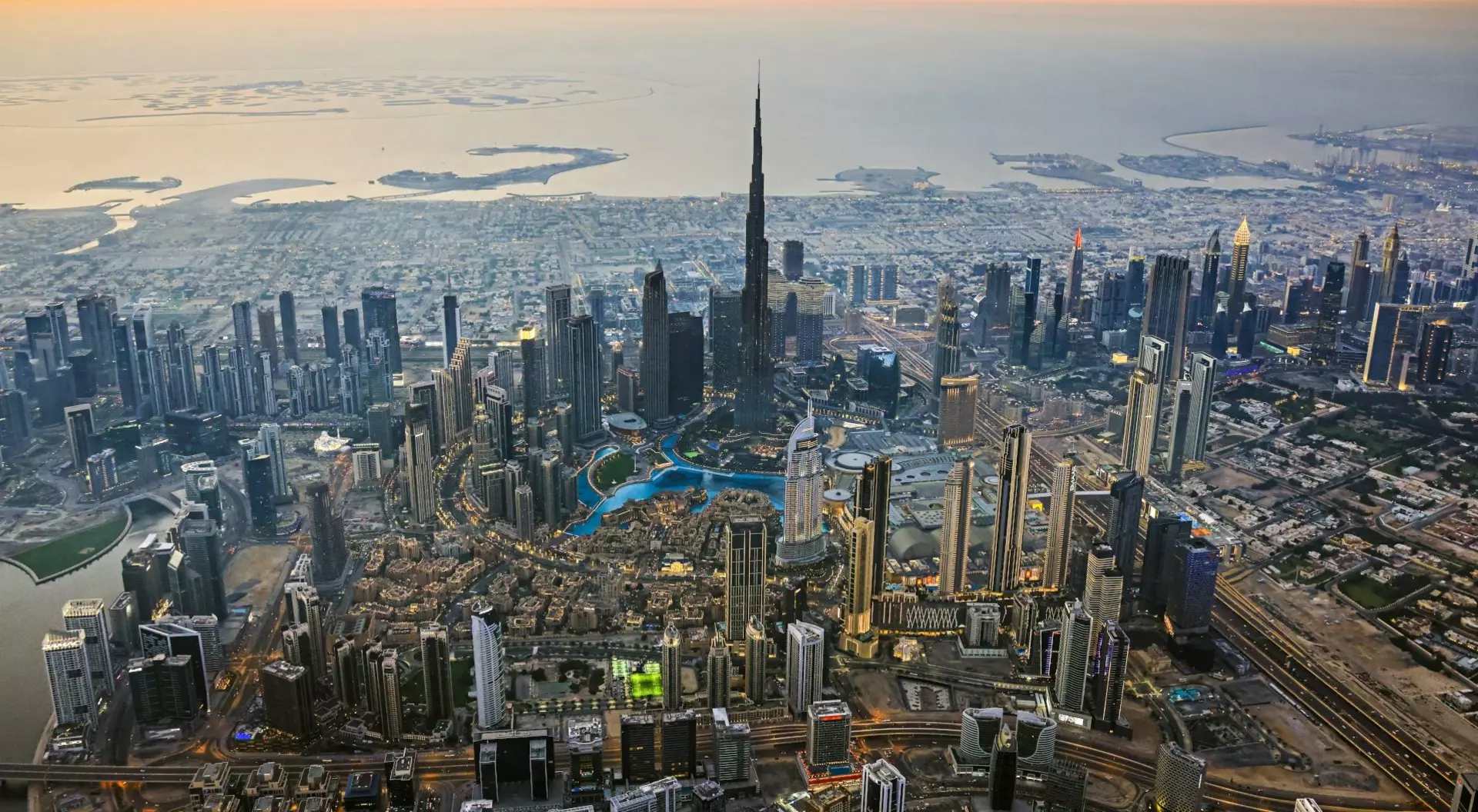 Aerial view of Downtown Dubai and the Burj Khalifa