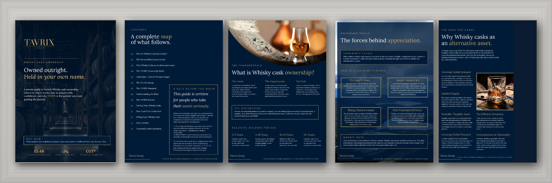 Tavrix Group whisky cask ownership brochure, multi-page investor document designed by Refrakt.