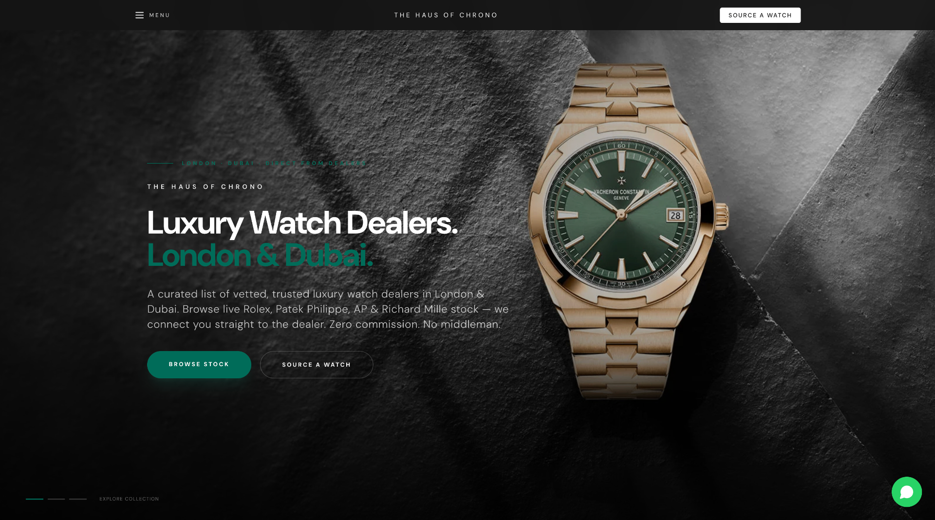 The Haus of Chrono homepage hero, luxury watch dealers London & Dubai.