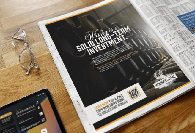 Whisky by Time full page national press advertisement with QR code to the brochure.