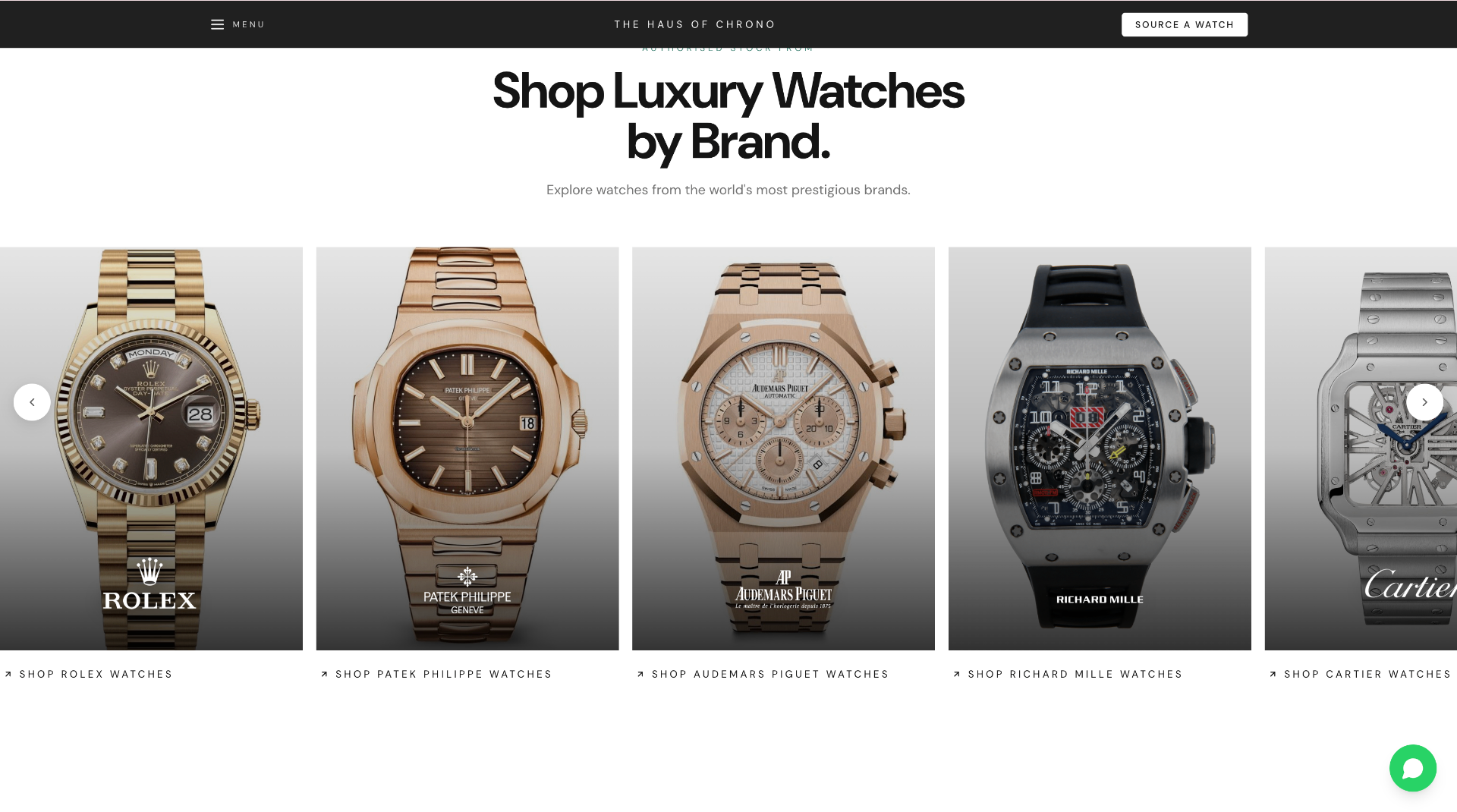 Shop luxury watches by brand, marketplace catalogue across Rolex, Patek Philippe, AP, Richard Mille and Cartier.