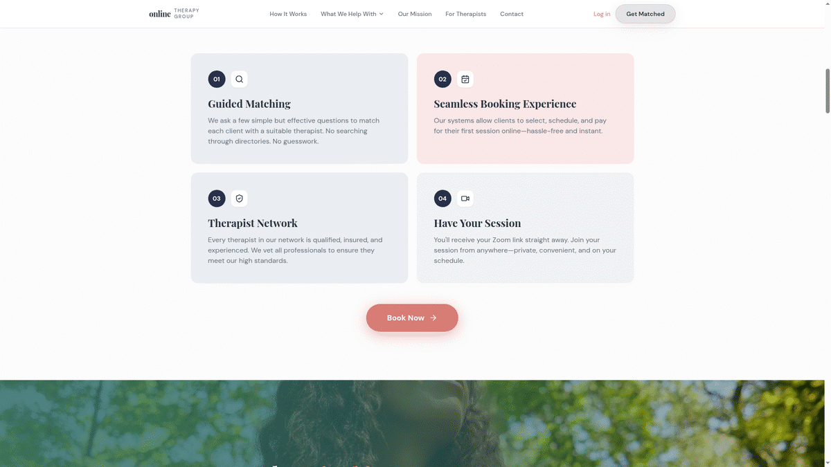 How it works, therapist-matching flow for Online Therapy Group.