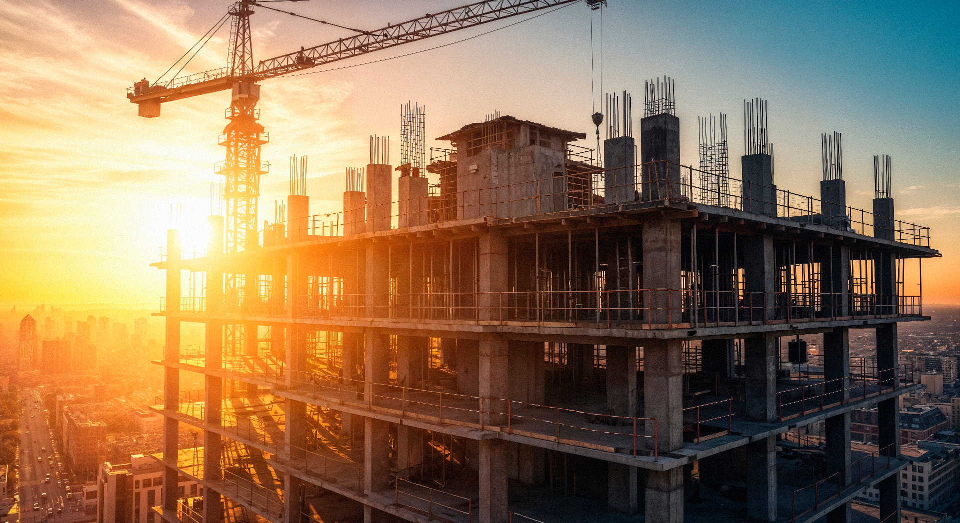 Commercial construction site at sunset with crane and scaffolding.