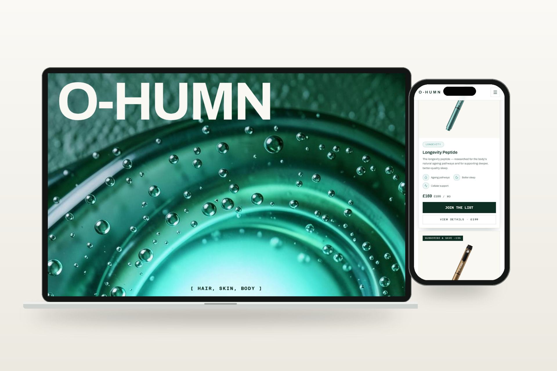 O-HUMN homepage on laptop with the Longevity Peptide product page on phone.