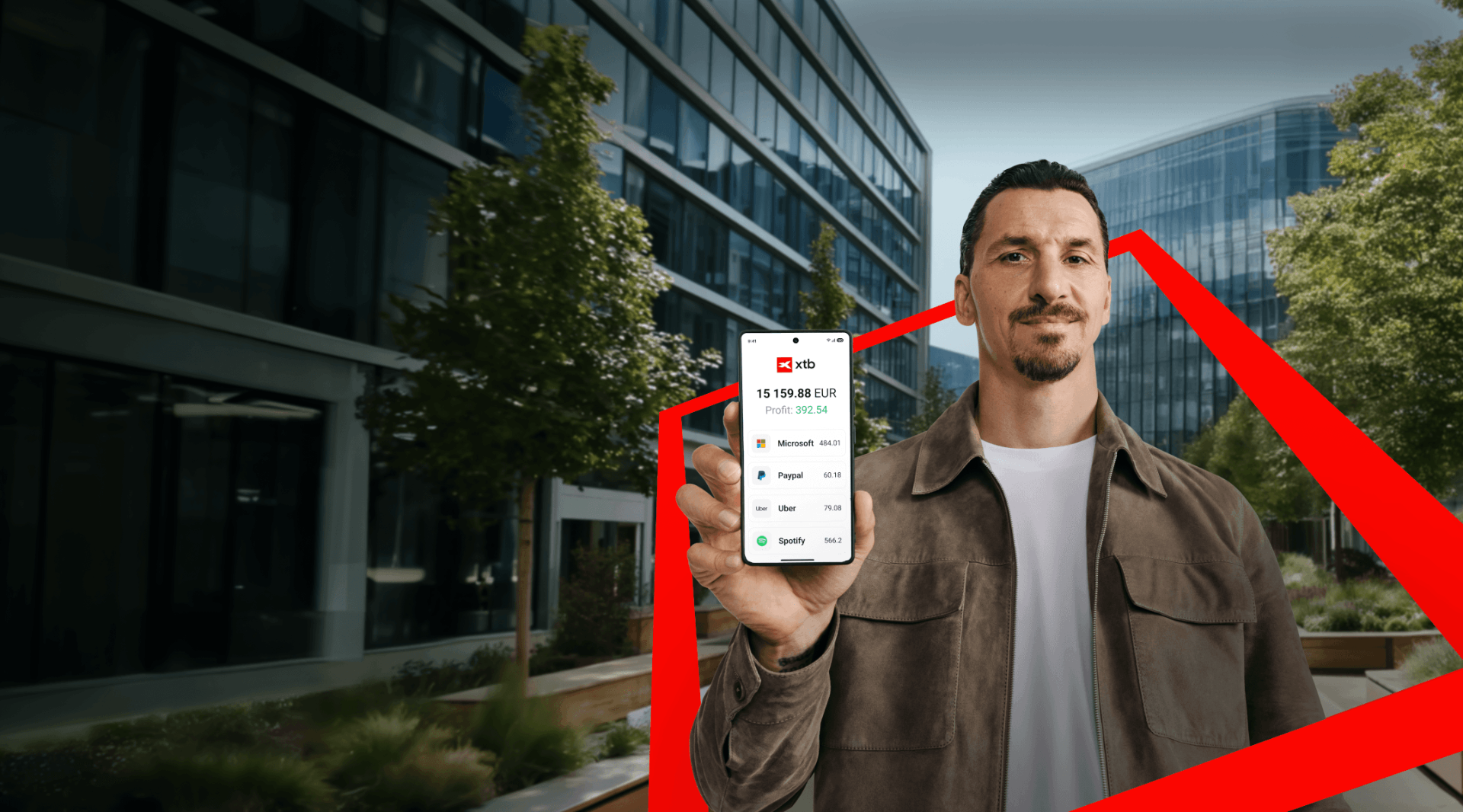XTB partnership campaign, Zlatan Ibrahimović showcasing the xStation app portfolio.