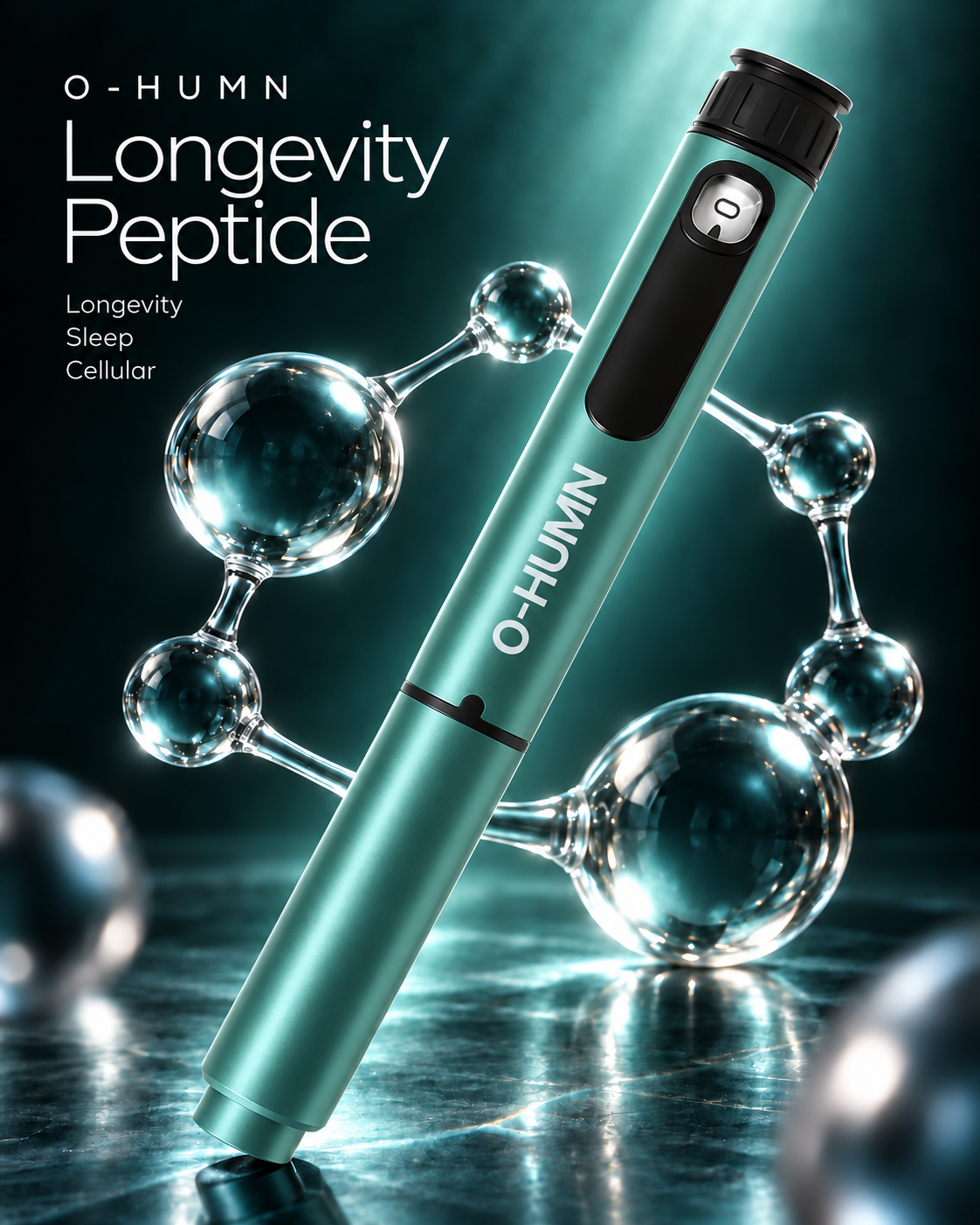 O-HUMN Longevity Peptide advertising creative in teal.