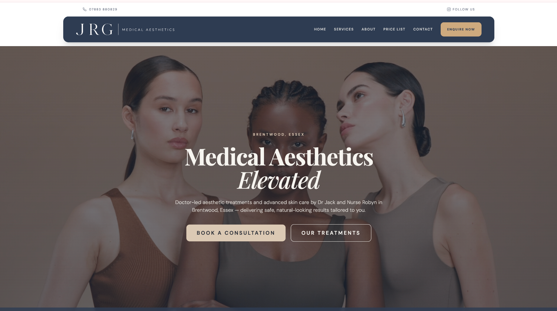 JRG Medical Aesthetics website hero, Brentwood Essex clinic.