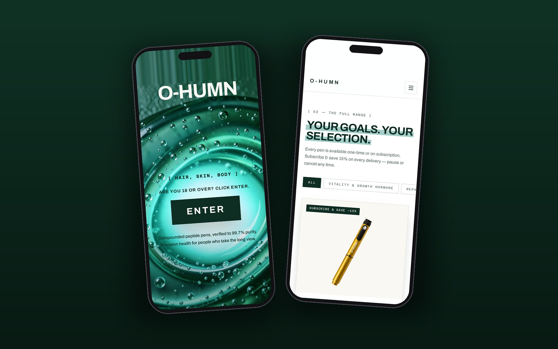 O-HUMN entry screen and shop range page on mobile.