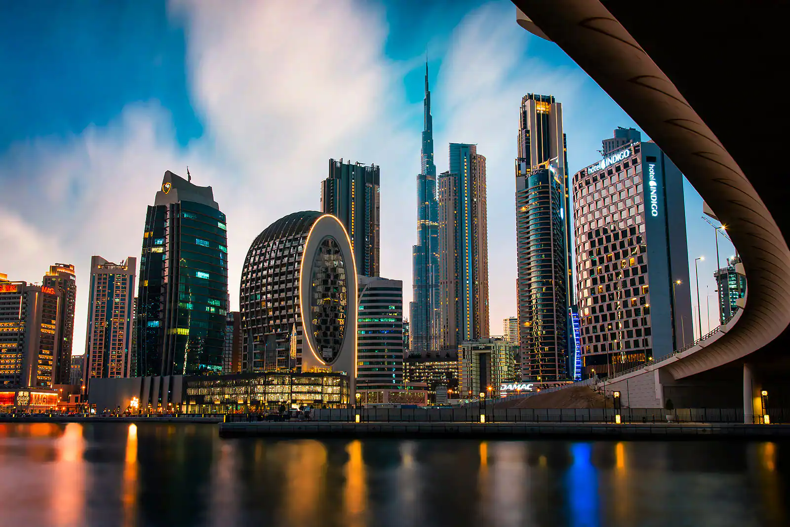 Dubai skyline at dusk, Business Bay and Burj Khalifa