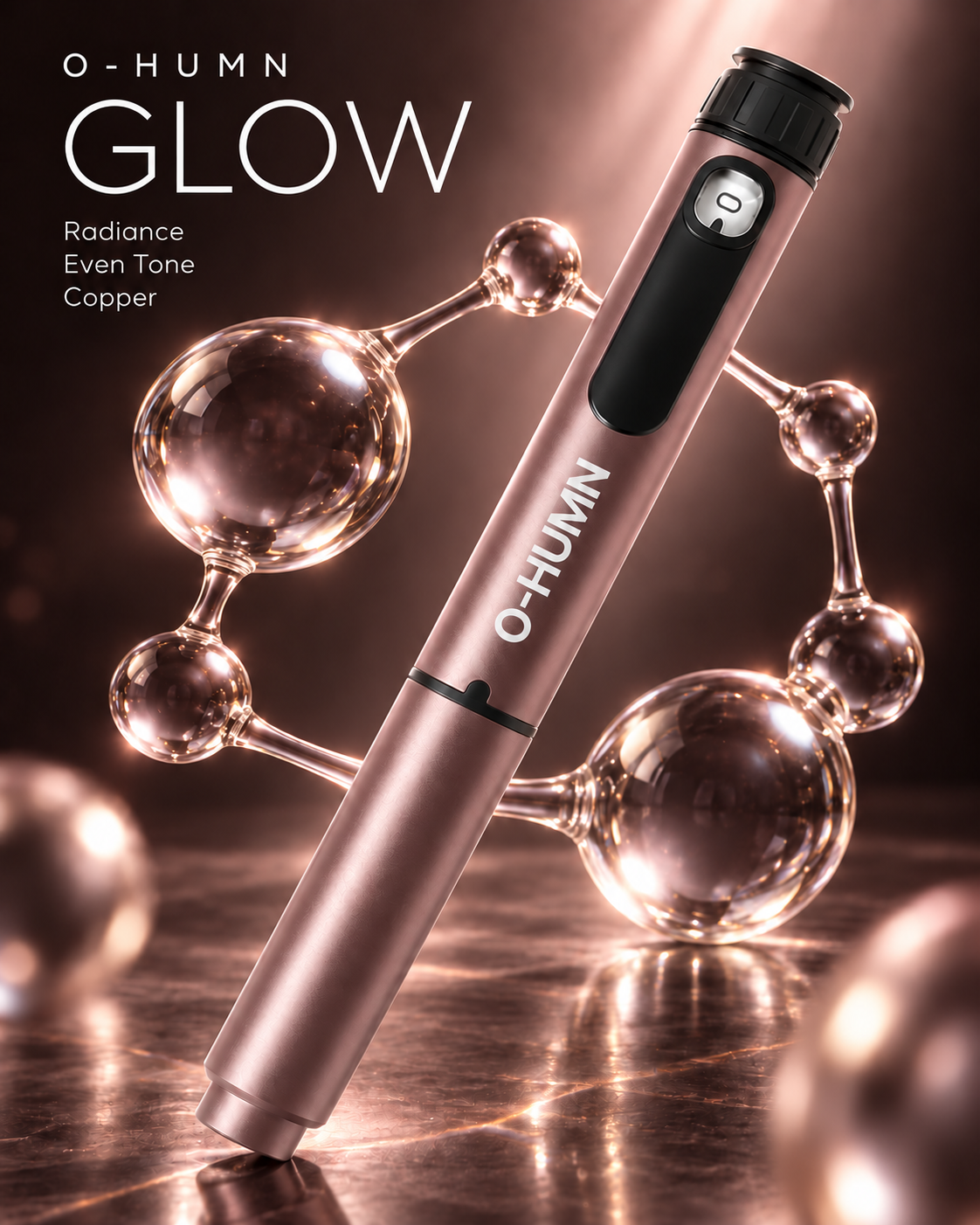 O-HUMN GLOW peptide advertising creative in rose gold.