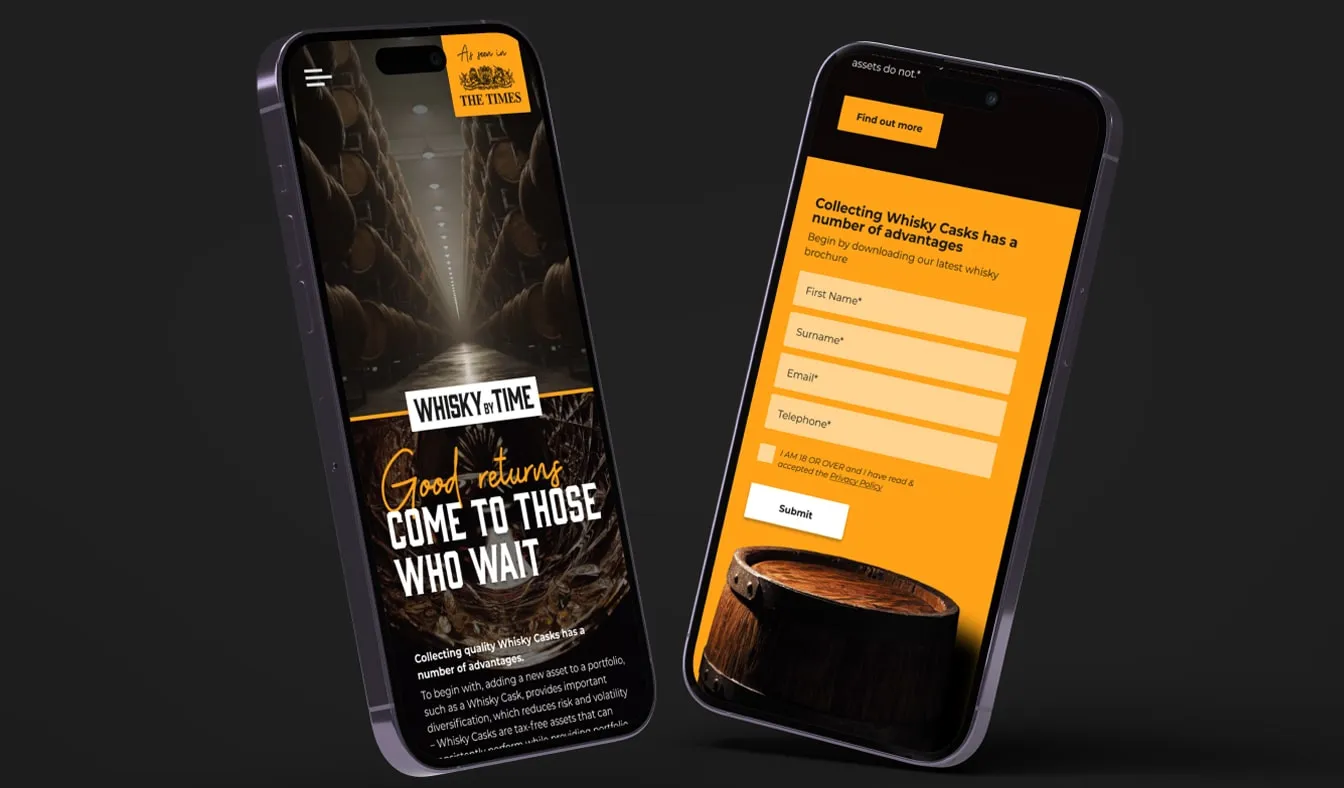Whisky by Time mobile experience with brochure request capture.