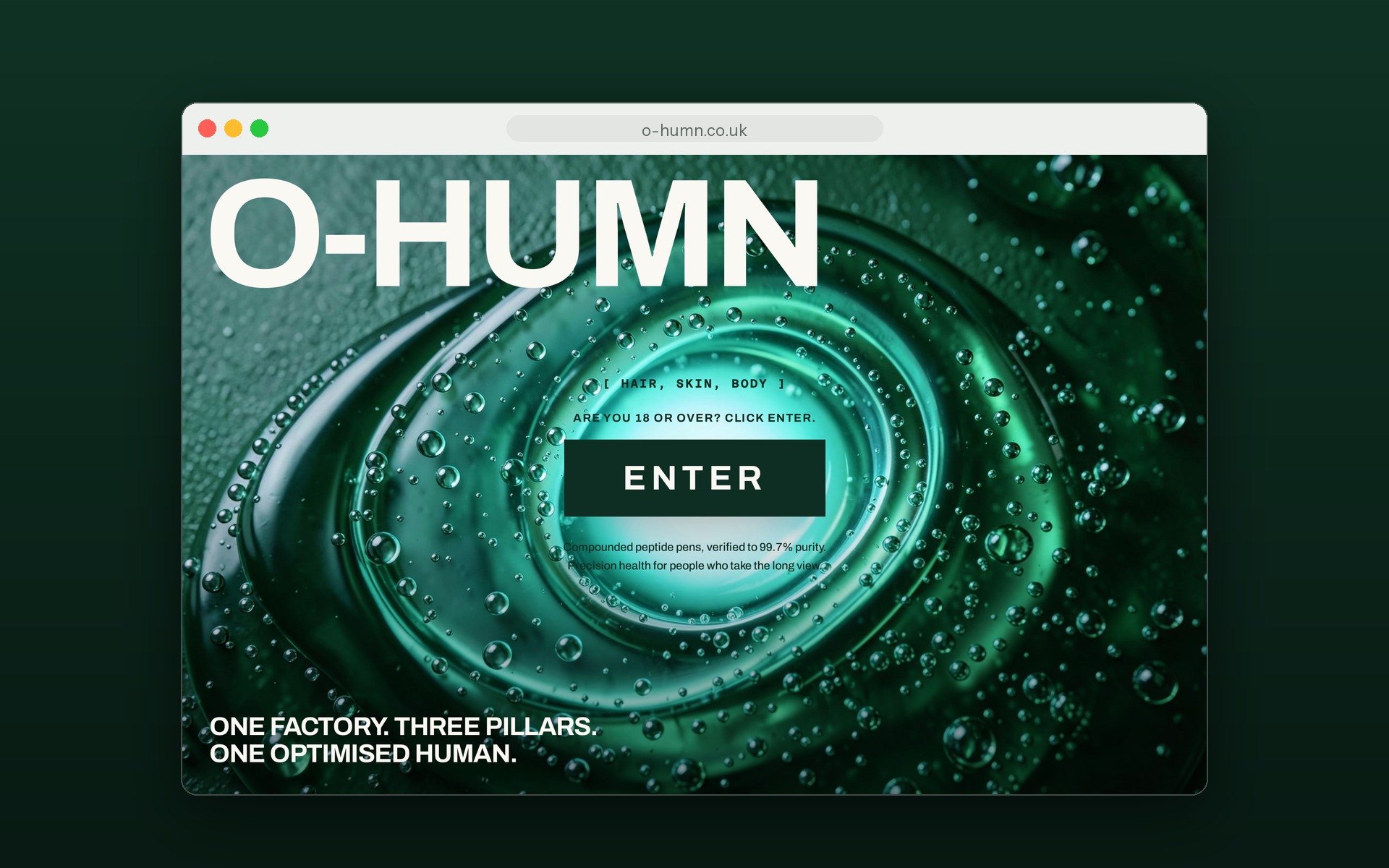 O-HUMN age-verified entry screen shown on a desktop browser mockup.