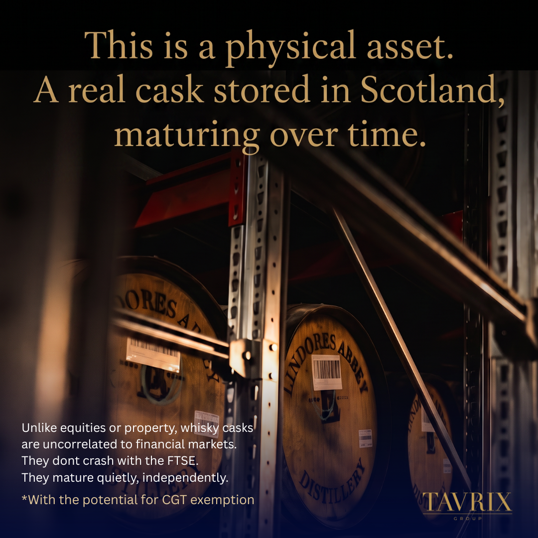 Tavrix LinkedIn ad creative, 'A real cask stored in Scotland, maturing over time.'