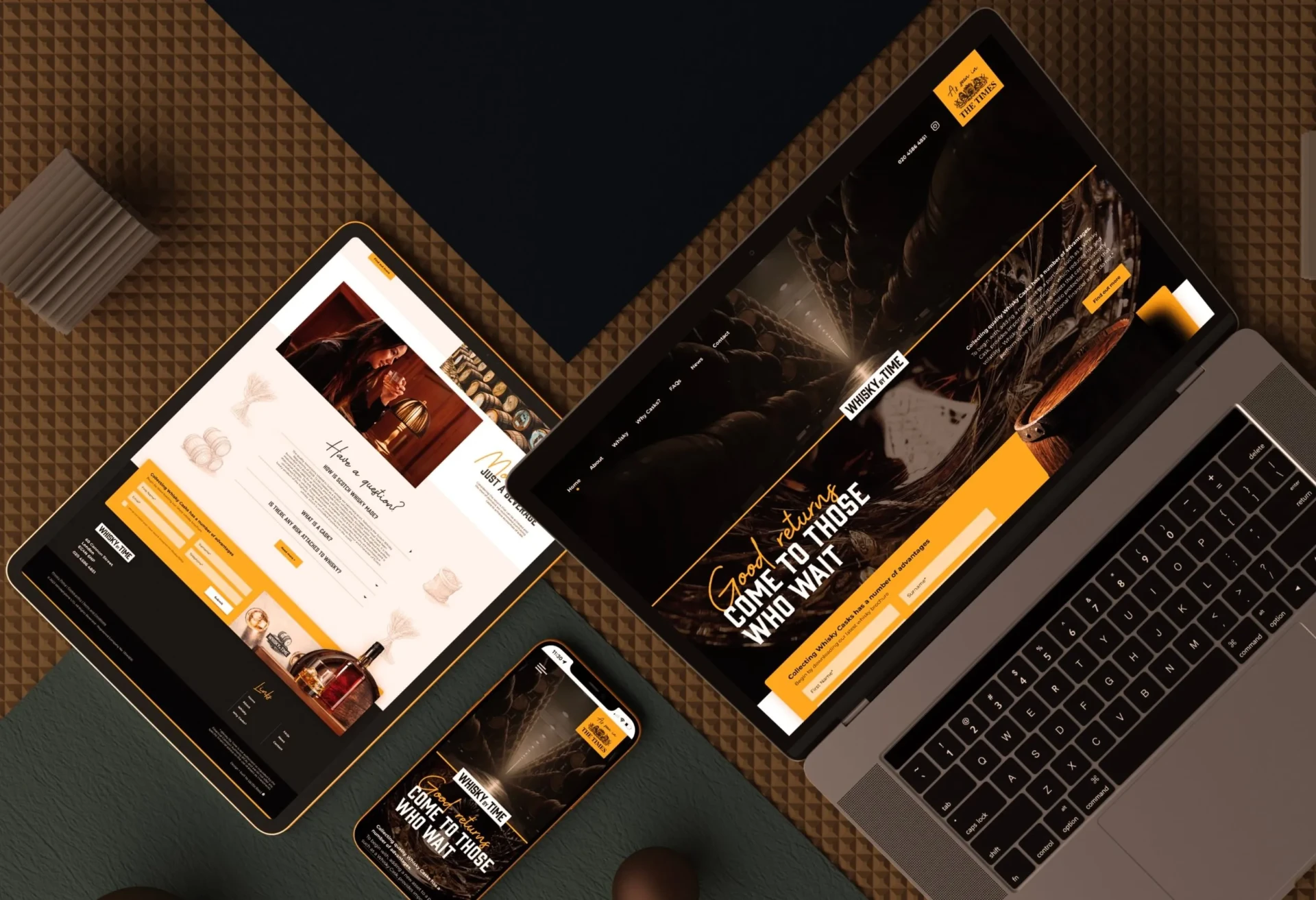 Whisky by Time platform shown across desktop, tablet and mobile.