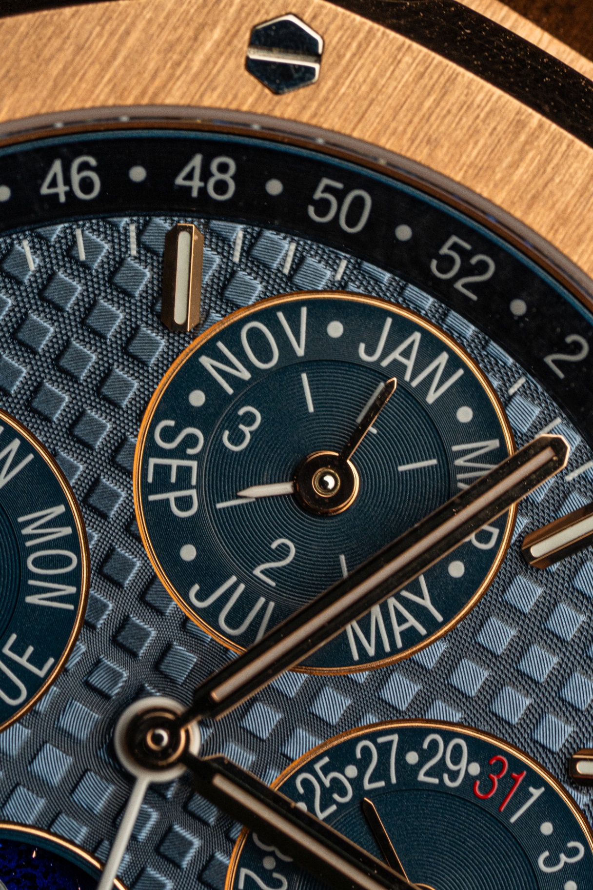 Audemars Piguet dial detail, luxury watch product photography.