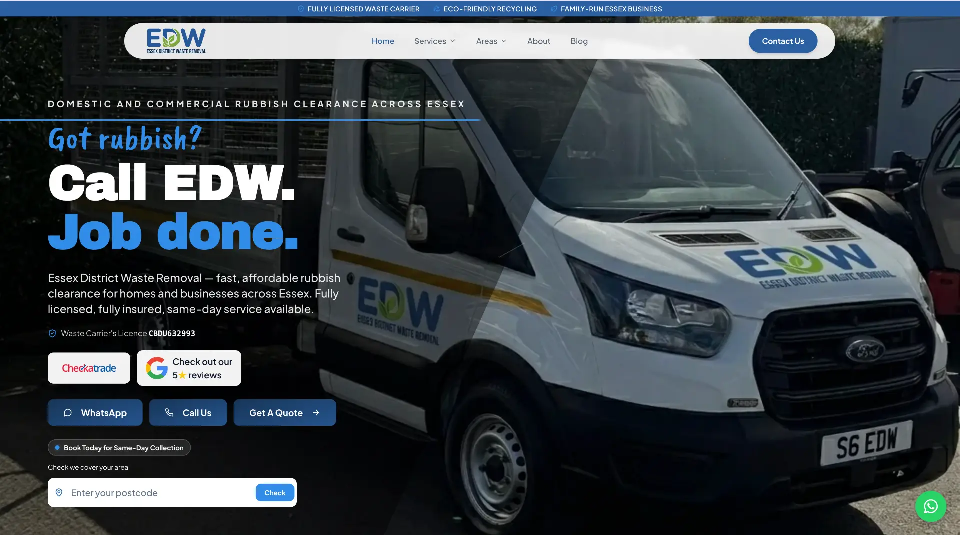 Essex District Waste Removal website homepage hero with branded van and quote CTAs.