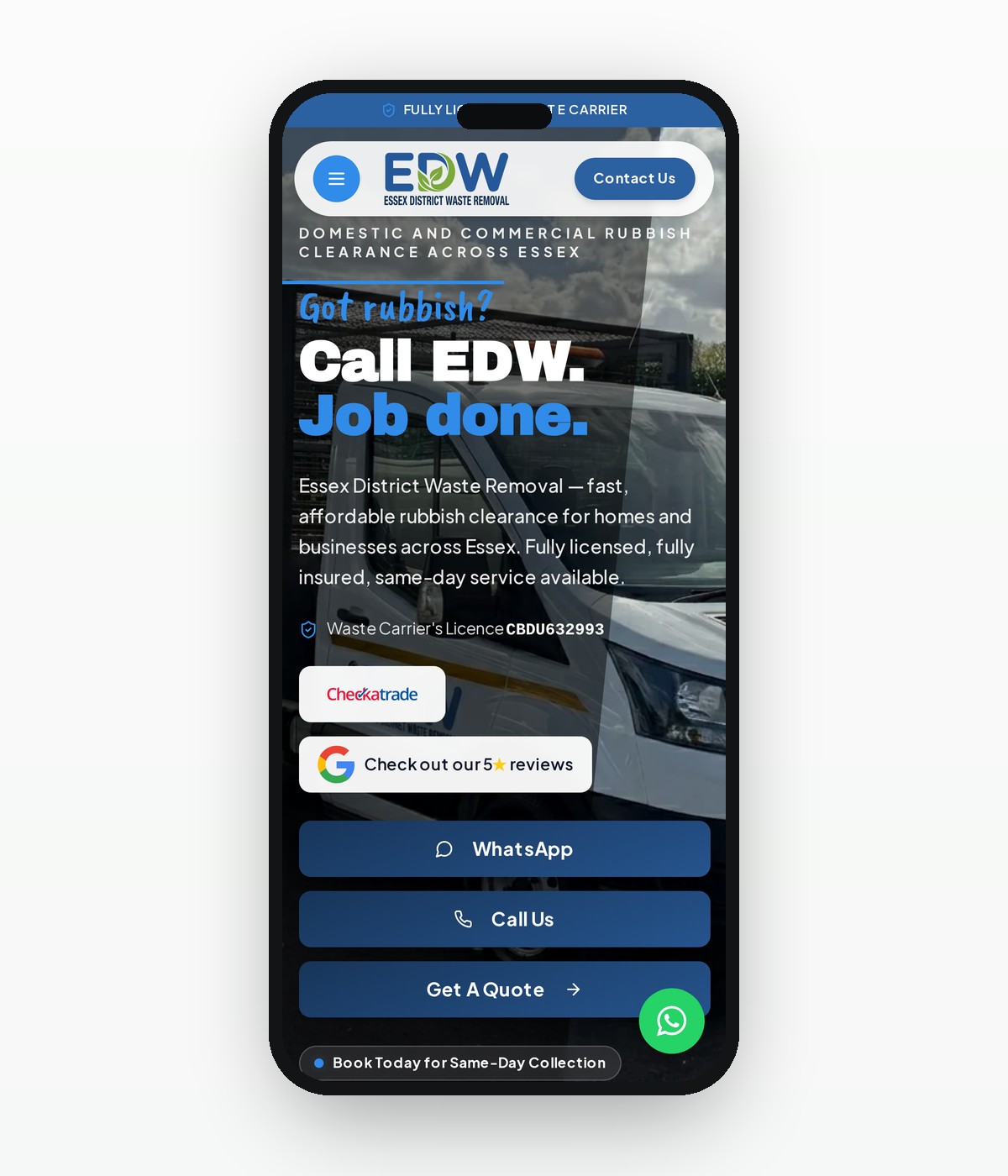 Essex District Waste mobile site with WhatsApp and call buttons.