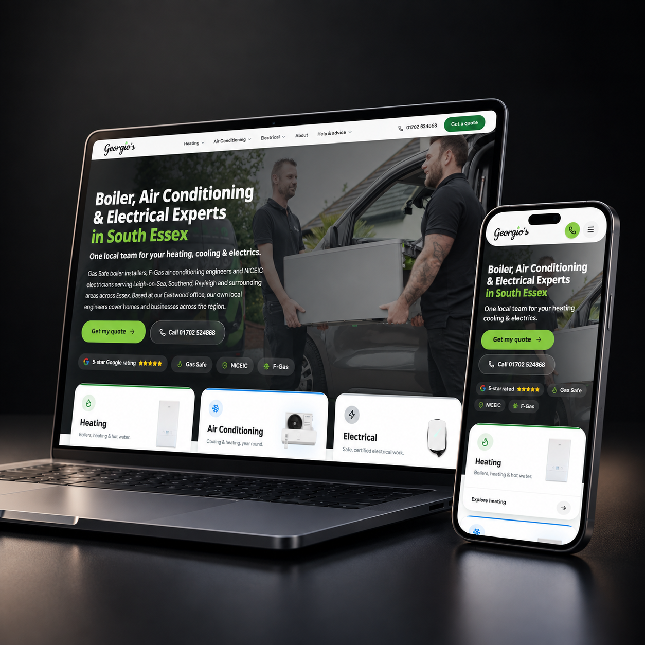 Georgios website on laptop and mobile, boiler, air conditioning and electrical experts in South Essex.