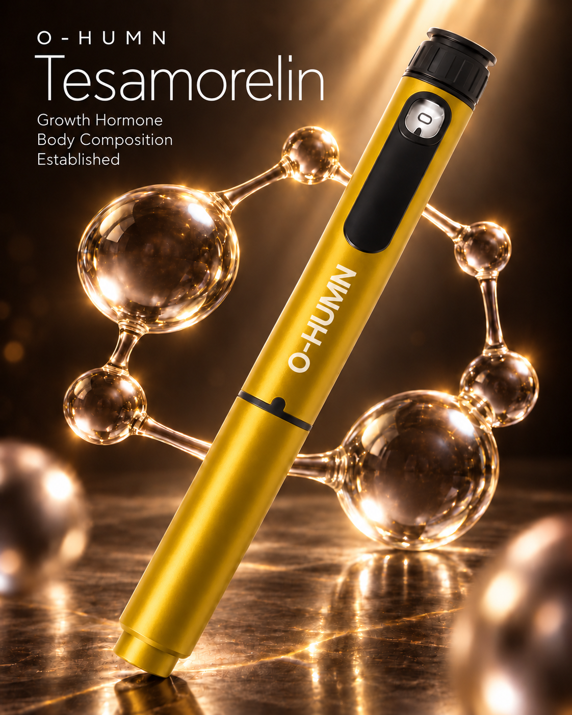 O-HUMN Tesamorelin advertising creative in gold.