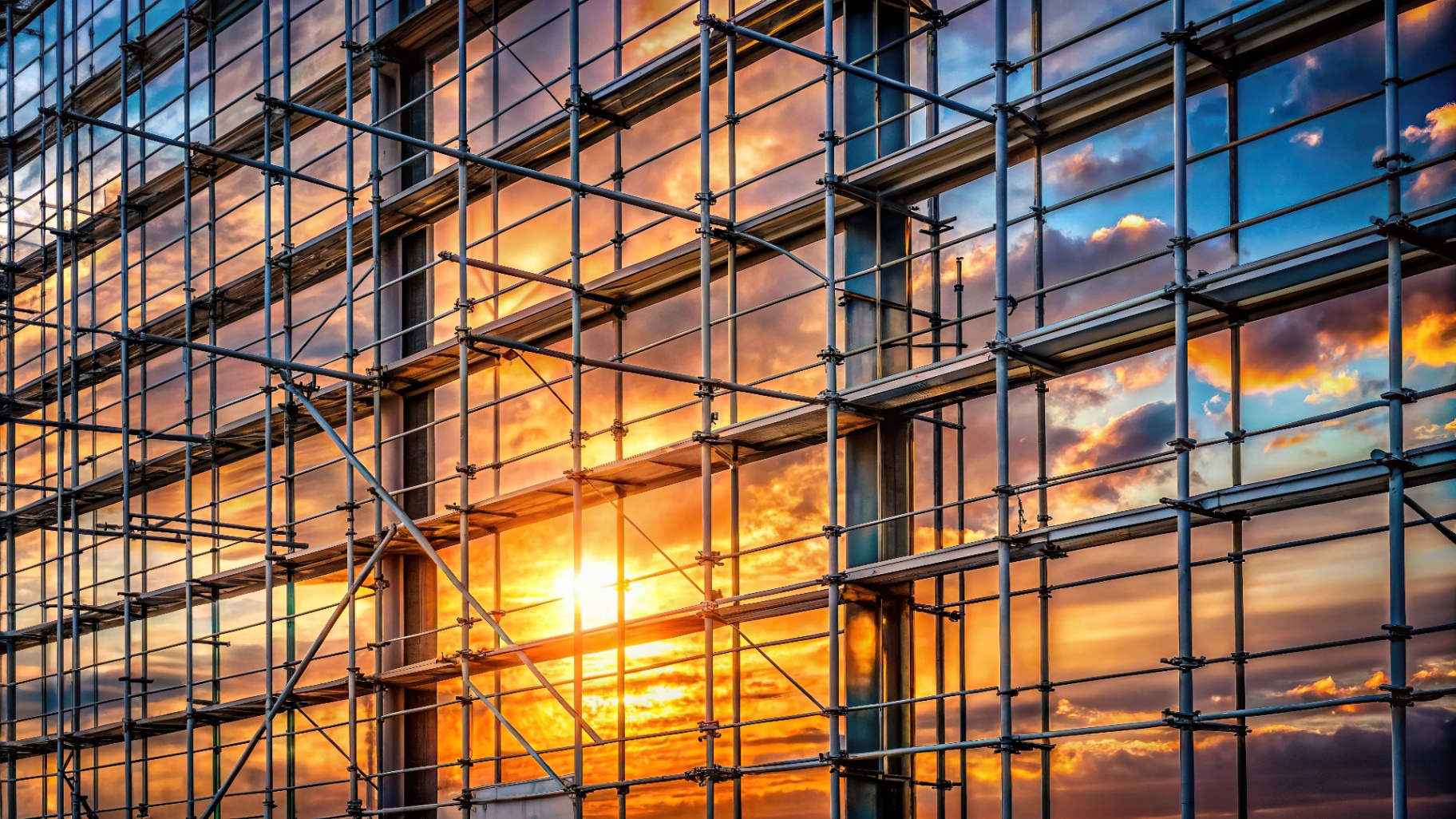 Scaffolding installed against a mirrored facade reflecting a sunset sky.
